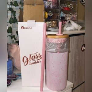 Tronco Pink Sparkly Glass Tumbler with Straw